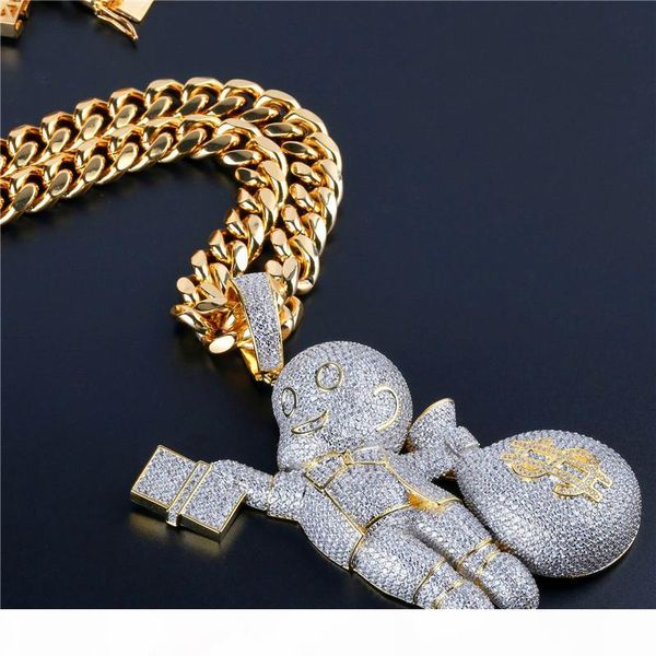 

cartoon charm money bag pendant hip hop necklaces for men 18k gold plated cubic zirconia ice out necklaces man jewellery gifts, Silver