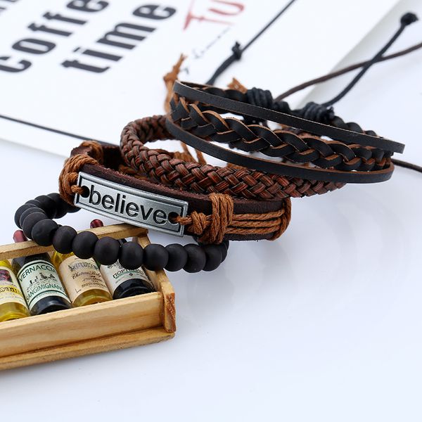 

wholesale-e bracelet set believe tag braid leather multilayer bracelet wrap bracelets wristband fashion jewelry, Golden;silver