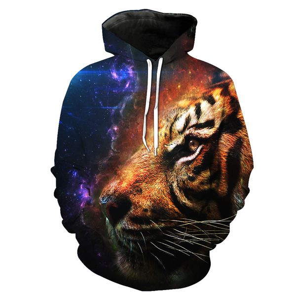 

foreign trade digital tiger printed hooded pocket pullover men's tide hooded men's clothing sweatshirts, Black