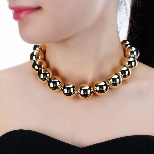 

jerollin fashion jewelry gold&silver color copper coated 20mm round beads choker collar statement bib ccb necklace