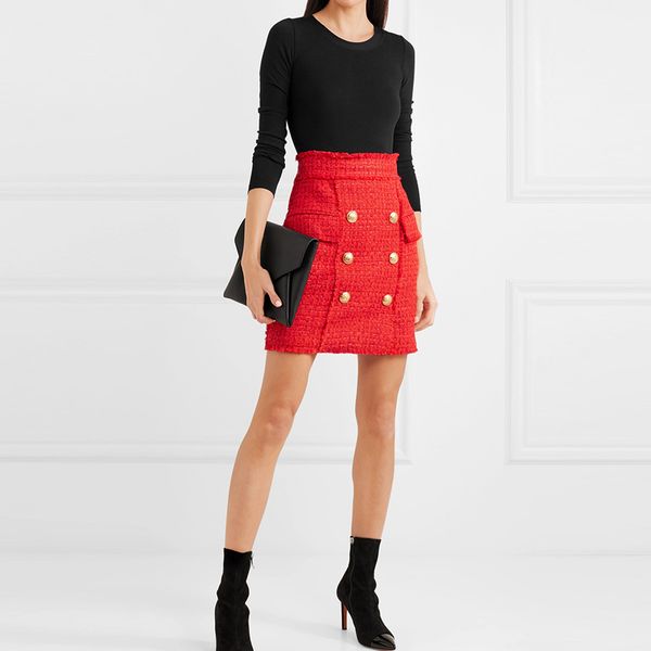 

2020 runway designer skirt women's lion buttons tassel wool tweed mini skirt, Black