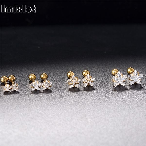 

2pcs/lot star prong set zircon ear cartilage piercing tragus helix studs piercing body jewelry 16g stianless steel earrings, Slivery;golden