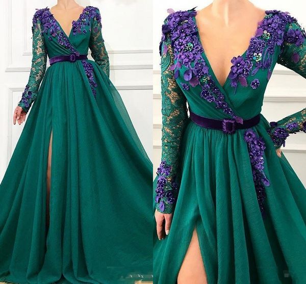 

2019 Dark Green Evening Dresses Long Sleeve 3D Flowers Front Split Formal Wear Prom Dress Party Gowns robe de soiree vestidos de baile