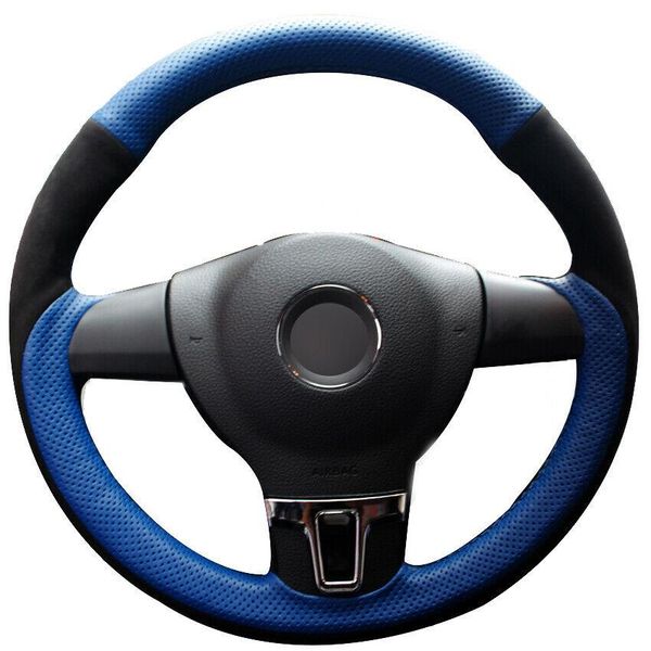 

blue natural leather black suede car steering wheel cover for vw tiguan lavida