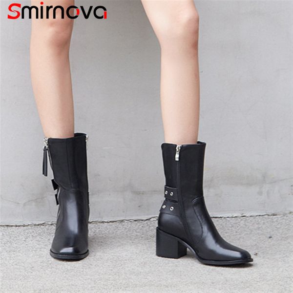 

smirnova new arrival 2020 winter autumn genuine leather boots fashion ladies ankle boots dress shoes high heels, Black