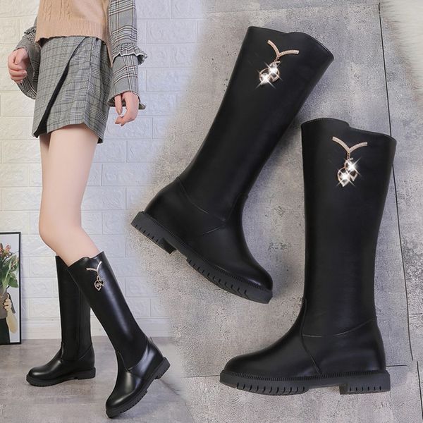 

perimedes women's winter boot slip-on wedge ladies boots solid high tube women's shoes square heel rubber boots bota feminina, Black