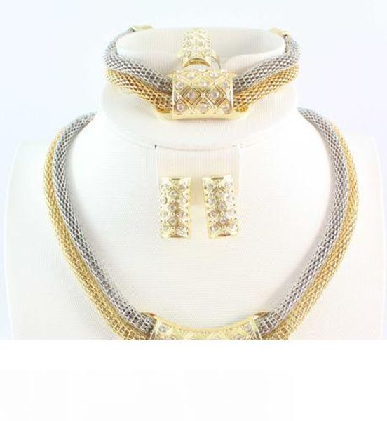 

african jewelry sets necklace bracelet ring earring fashion dubai gold plated filled crystal 2 chain jewelry, Black