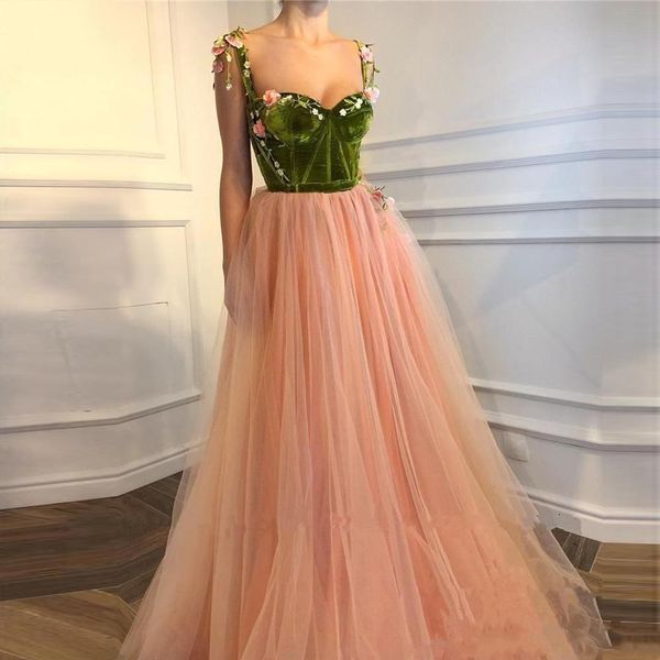 

2020 Blush Pink 3D Цветочные Длинные линия Пром платья Бархатные Лучшие Appliqued Девушки Pageant Обручальное сшитое партии вечернее платье