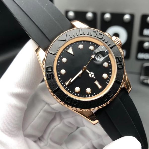 

golden new ceramic bezel sapphire glass mens yacht master 40mm rubber mechanical stainless steel automatic fashion watch, Slivery;brown