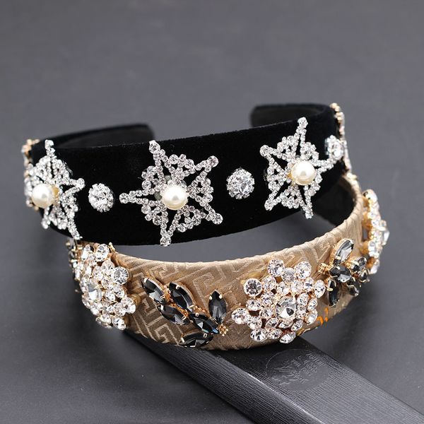 

new baroque five-pointed star rhinestone pearl geometric headband baroque fashion cocktail luxury personality headband 879, Golden;white