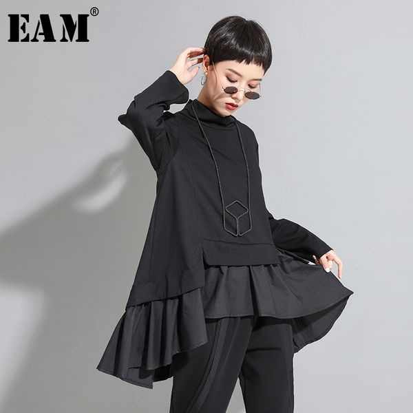 

eam] loose fit asymmetrical ruffles sweatshirt new high collar long sleeve women big size fashion tide autumn winter 2020 1a529, Black