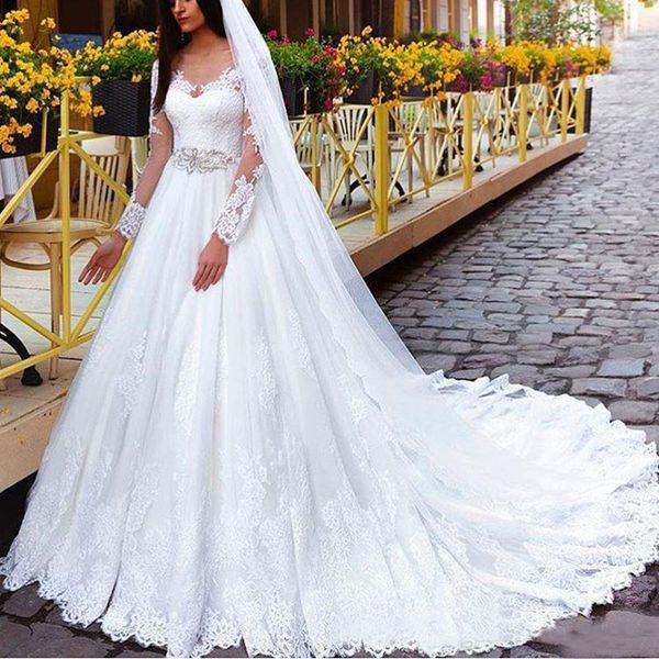 

Elegant Long Sleeves Lace Wedding Dresses Boat Neck Sweep Train Bridal Gowns Princess Wedding Gowns Beading Sash