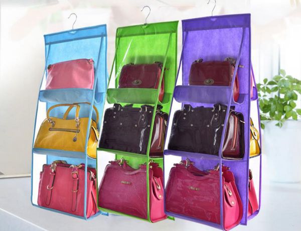 

1pc double side transparent 6 pocket foldable hanging handbag purse storage bag sundry tidy organizer wardrobe closet hanger