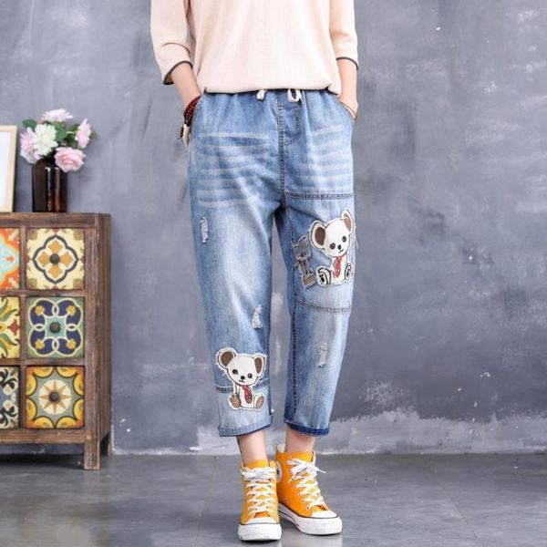 

literary patch jeans female spring new loose large size elastic waist hole embroidery bear nine points pants s30216, Blue