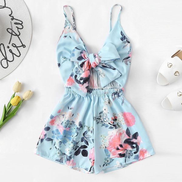 

women's v-neck casual sleeveless tie front floral print cami romper women's summer brief overalls kombinezony for women#30, Black;white