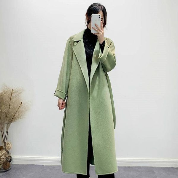 

women 2019 winter lace up double sided cashmere woolen coat female wool long jacket outerwear manteau femme abrigos mujer k415, Black