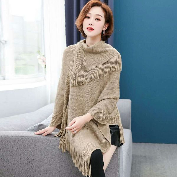 

women's cape autumn knitwear sweater bat shirt irregular jacket korean shawl large size loose cloak knitted tassel blusa f984, Black