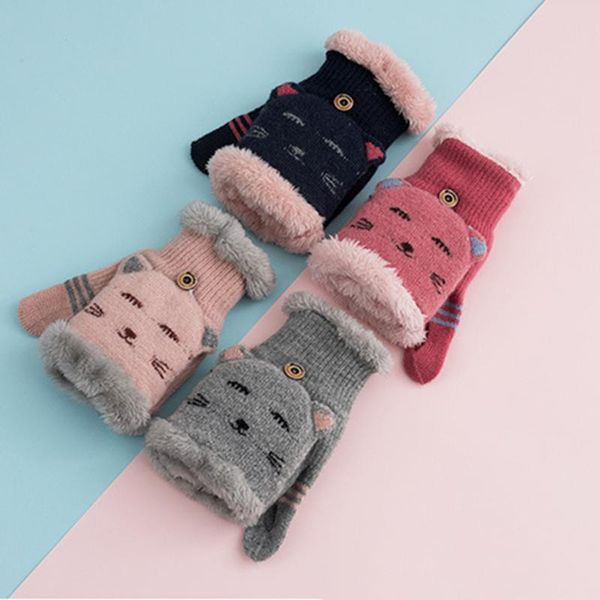 

winter gloves women mitten warmer fingerless glove soft wool knitted mittens female girls cute cartoon outdoor handschoenen, Blue;gray