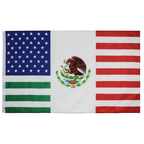 USA-Mexiko-Freundschaftsflagge, 90 x 150 cm, günstiger Preis, Polyestergewebe, 15 x 90 cm, fliegende, hängende, bedruckte Flaggen mit zwei Ösen