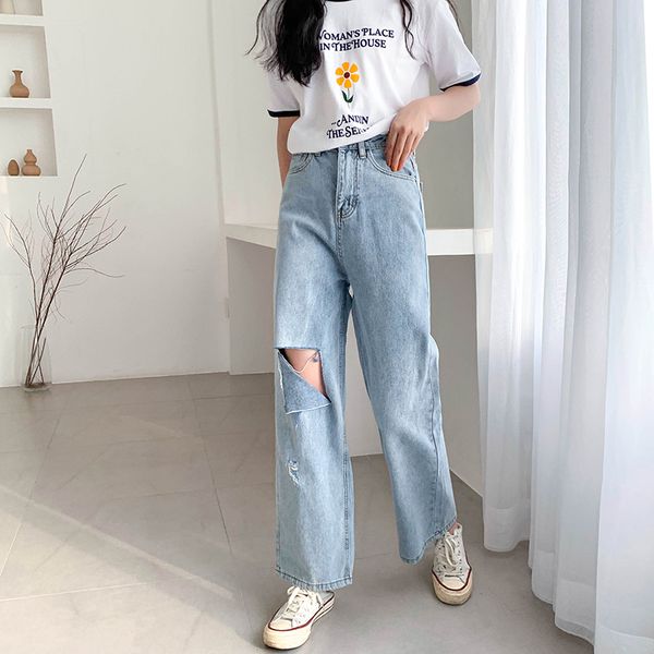 

pengpious loose jeans with big hole at knee girls denim pants cotton, Blue