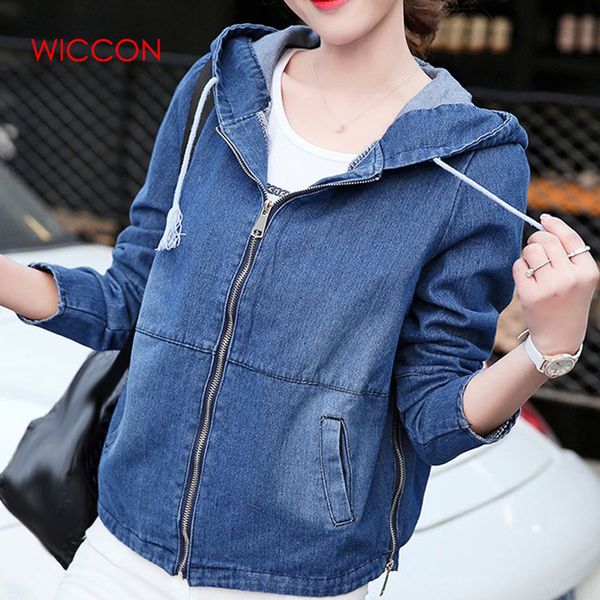 

autumn women cute back pocket denim jacket short outerwear female loose hooded zip coat casual jeans jacket, Black;brown