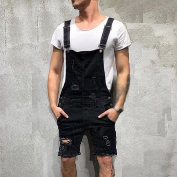 

men mini jumpsuit short jeans bib plus size pocket ripped casual fashion hole vintage summer male cool streetwear denim overalls, Blue