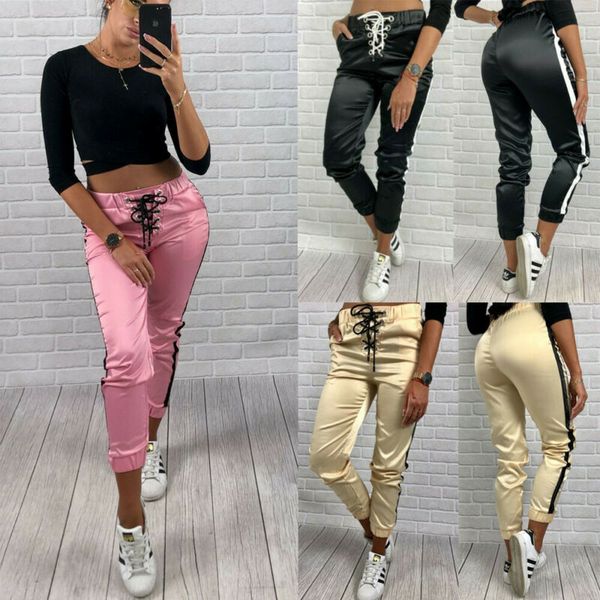 

uk women high waist casual jegging trousers stretchy solid skinny long side striped sports trousers sweatpants leggings jogger, Black;blue