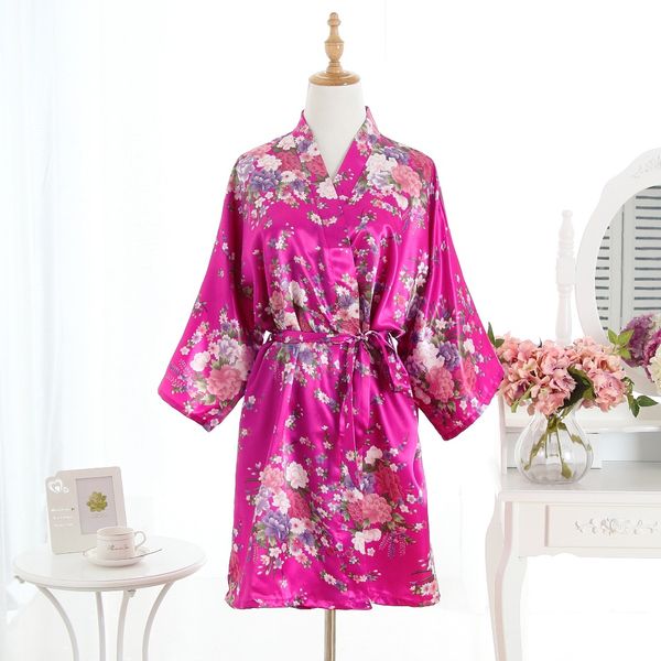 

woman rose bathrobe pajamas silk bridesmaid bride robe short satin wedding kimono robe sleepwear nightgown dress hot, Black;red