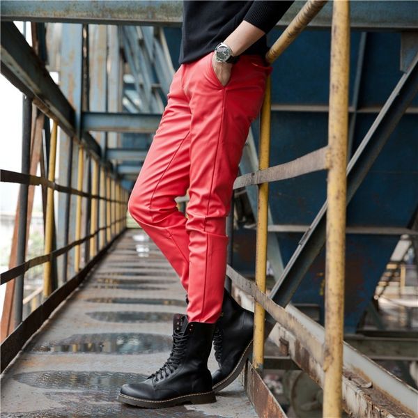 

осень зима mens мото байкер эластичная искусственные кожаные штаны мода полнометражный ветрозащитный slim fit plus размер мужской карандаш б, Black