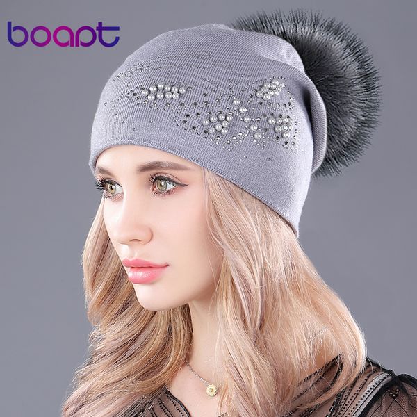 

boapt] pearl natural raccoon fur hats cashmere knitted fluffy pompon hat for women's caps casual winter female skullies beanies, Blue;gray