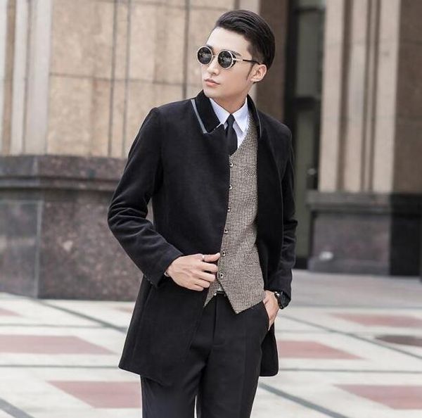 

sell black long sleeve medium-long wool coat men jackets and coats mens slim wool winter single breasted trench coats 9xl