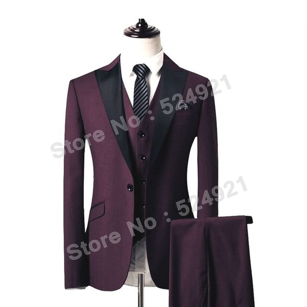 

custom made groomsmen burgundy groom tuxedos peak black lapel men suits wedding man bridegroom (jacket + pants + vest) l229, Black;gray