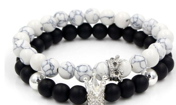 

8mm 2pcs/lot igh4 gold silver copper cz zircon cubic zirconia elastic crown white howlite volcanic lava bracelet bangles, Black