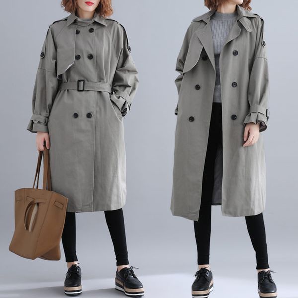 

lace up double-breasted solid windbreaker spring autumn korean fashion trench coat long sleeve loose large size clothing f1542, Tan;black