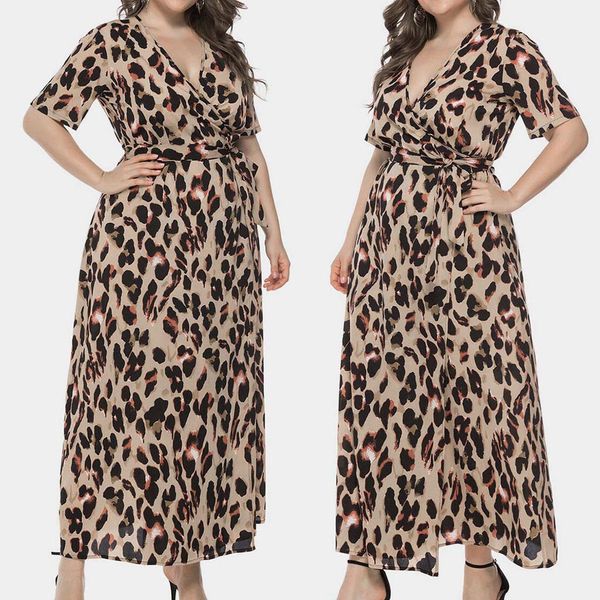 

dress party infinity robe longue femme fashion women plus size leopard print short sleeve v-neck long dress xl-5xl, Black;gray
