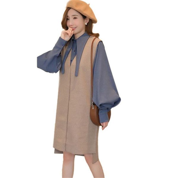 

2019 Spring Autumn Pregnant Women Cotton Lantern Sleeve Shirt+Woolen Vest Dress Suit Maternity Causal Nursing Pregnancy Set Q458