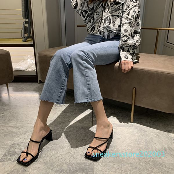 

2020 summer new sweet women narrow band square toe slippers black blue high heels slides mules beach slides vacation shoes s03