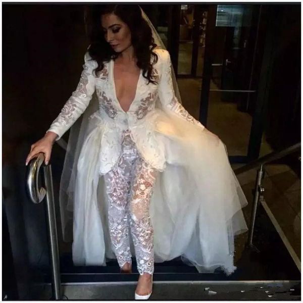 Sexy completa White Lace tuta Prom Dresses sexy che immerge Collo Perle maniche lunghe Plus Size abiti di sera con il treno staccabile