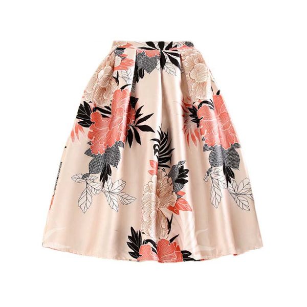 

fall new elegant female vintage retro flower floral print high waist midi skirt office lady work wear, Black