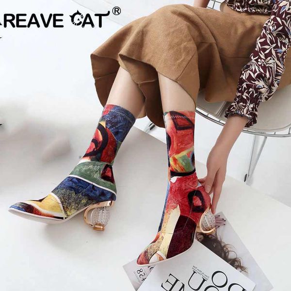 

reave cat winter shoes women pointed toe mis calf boots pu slip on botas feminino mujer high heel boots print big size a1363, Black