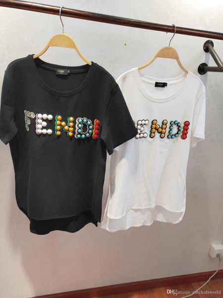 

2019 лето женщины письма горный хрусталь футболка с буквой тройник шеи футболка с коротким рукавом женский тройник, White