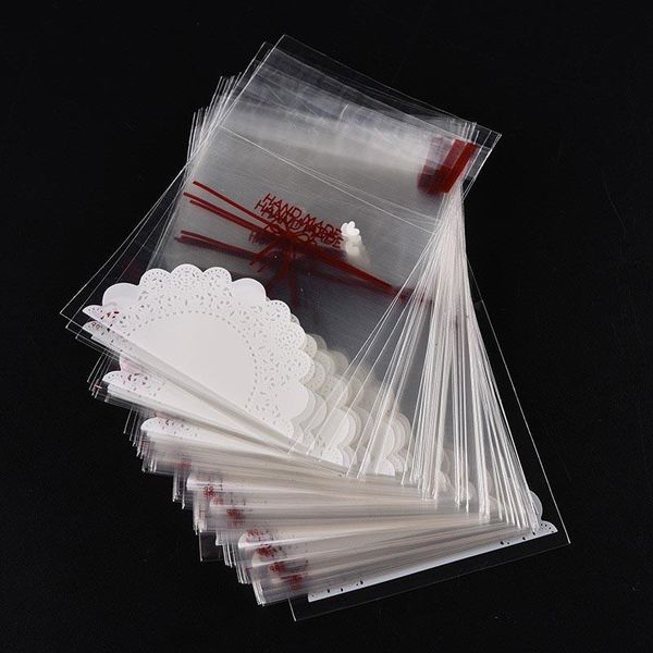 

50pcs lace bow print cartoon cookie&candy bag self-adhesive plastic bags for biscuits snack baking package supplies