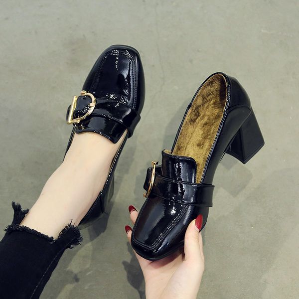 

concise bright leather metal buckle thick high heels korean version female 2019 new shallow pumps shoes woman sapato feminino, Black