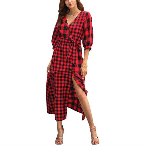 

stylish and plaid v-neck single-breasted strappy dress for spring 2019 new slim seven-quarter sleeve retro midi-dress, Black;gray