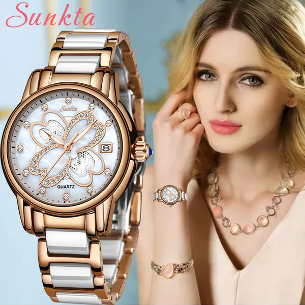 

sunkta 2019 new watch women watches ladies creative women's ceramic bracelet watches female clock montre femme, Slivery;brown
