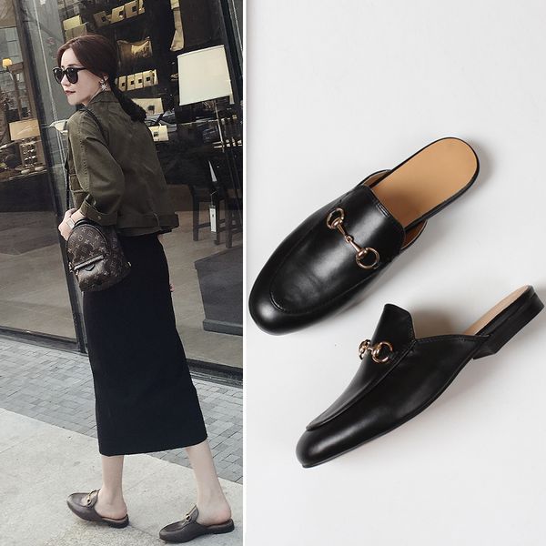 

luxury leather loafers muller slipper shoes with buckle fashion women princetown slippers ladies casual mules flats s02, Black