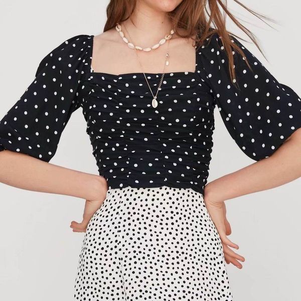 

women crop summer 2019 new fashion polka dots blouse french square collar elastic back short shirts female blouse, White