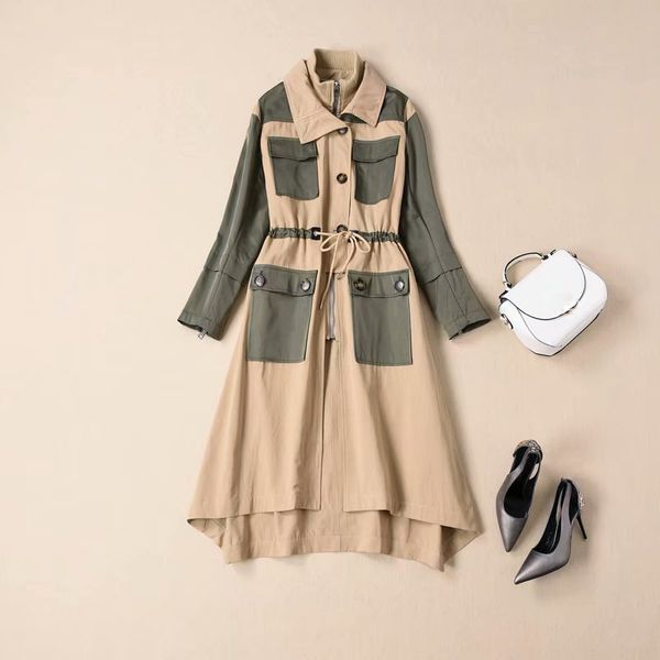 

2019 designer trench women's color block long trench overcoat, Tan;black