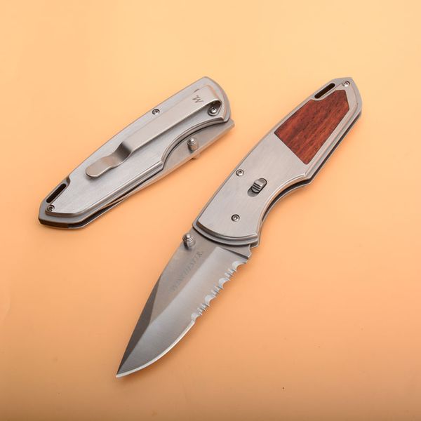 Coltello da sopravvivenza di alta qualità 440C Lama satinata semiseghettata in legno + manico in acciaio Coltelli pieghevoli tascabili EDC