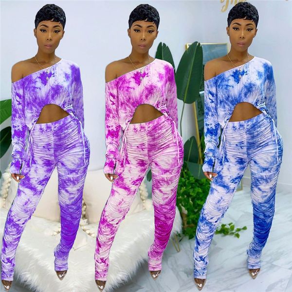 

осень женская дизайнерская плиссе брюки костюмы tie dye выдалбливают диагональные воротник моды костюмы женская одежда 2 piece set, White